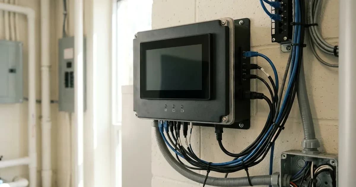 Wall-mounted solar system communication gateway controller with blank display and connected data cables. — SolarNevs spec card