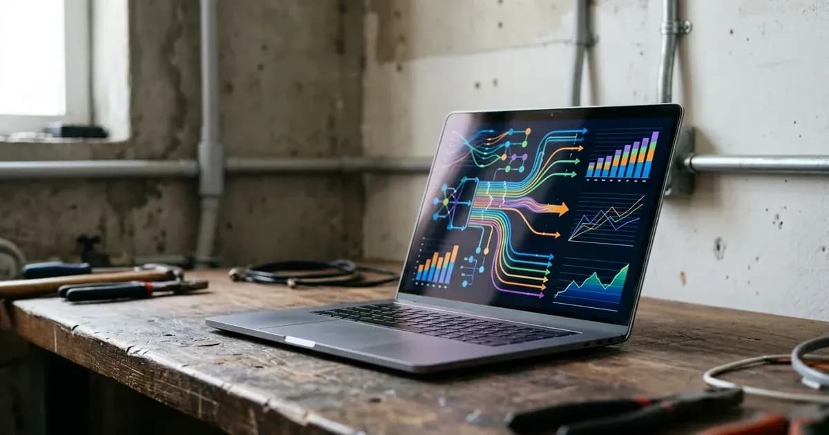 Laptop on a workbench displaying colorful energy telemetry flow charts and graphs in a workshop. — SolarNevs spec card
