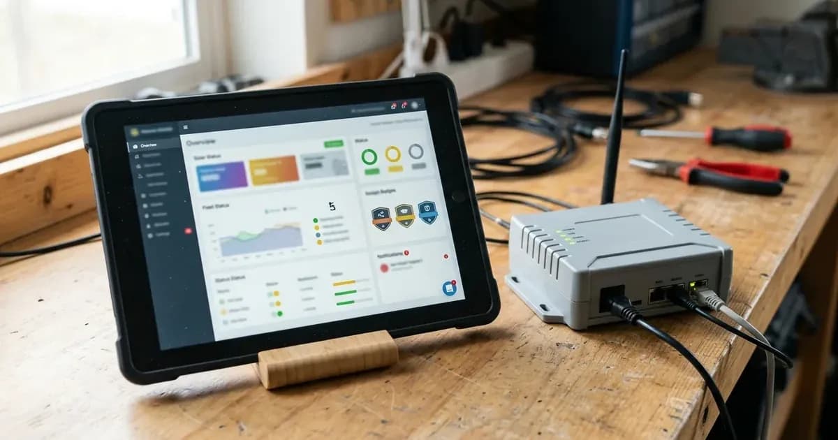 A digital tablet displaying a solar system monitoring dashboard beside an unbranded communication gateway. — SolarNevs spec card