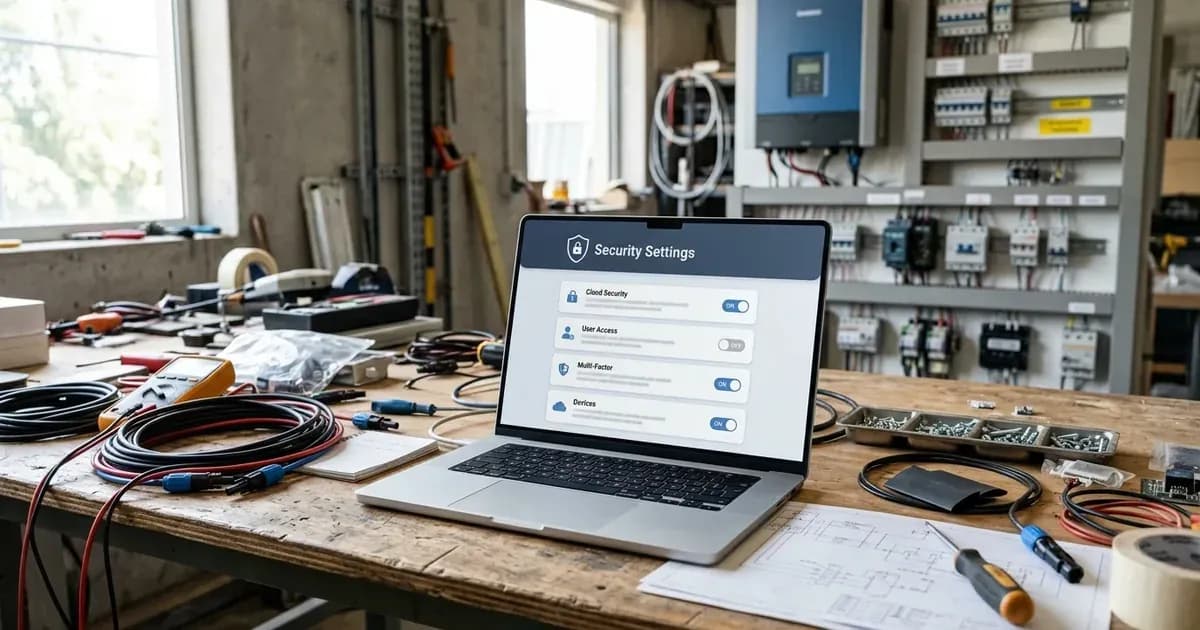 A laptop displaying an account security settings screen on a workbench in a solar electrical workshop. — SolarNevs spec card