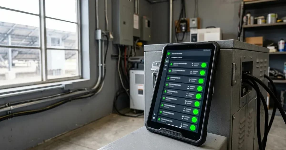 A tablet computer showing a connected solar devices status screen in an equipment room. — SolarNevs spec card