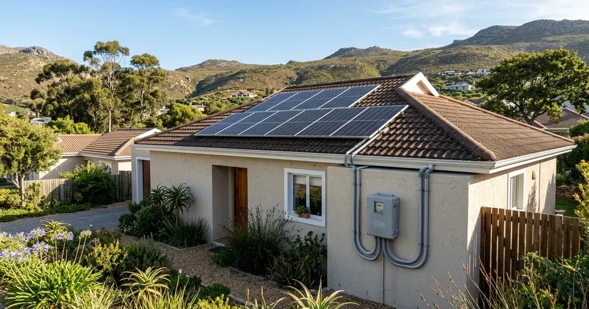 Solar panels on a South African home roof with a municipal meter box mounted on the exterior wall. — SolarNevs spec card