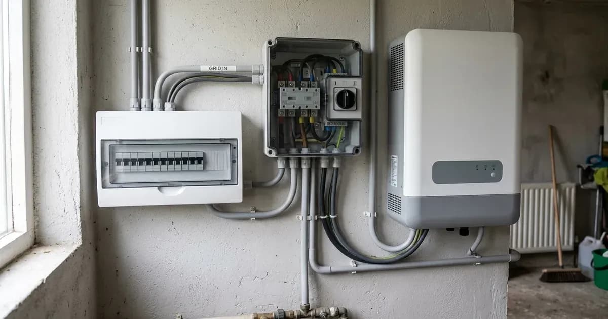 An automatic changeover switch box and consumer unit installed next to a solar inverter on a utility wall. — SolarNevs spec card