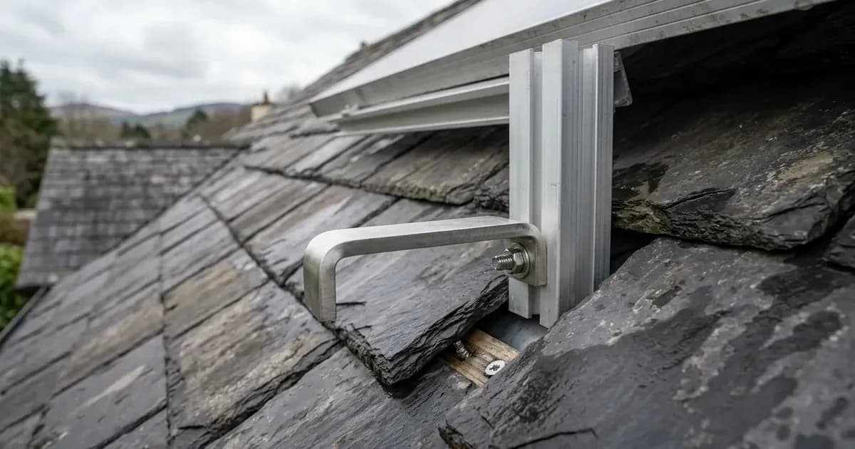 A stainless steel solar mounting bracket and aluminum rail attached beneath slate roof tiles. — SolarNevs spec card