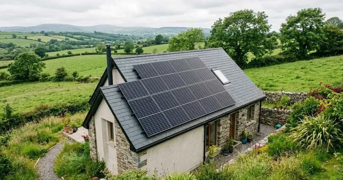 A rooftop solar panel array installed on the slate roof of a modern Irish home in the countryside. — SolarNevs spec card