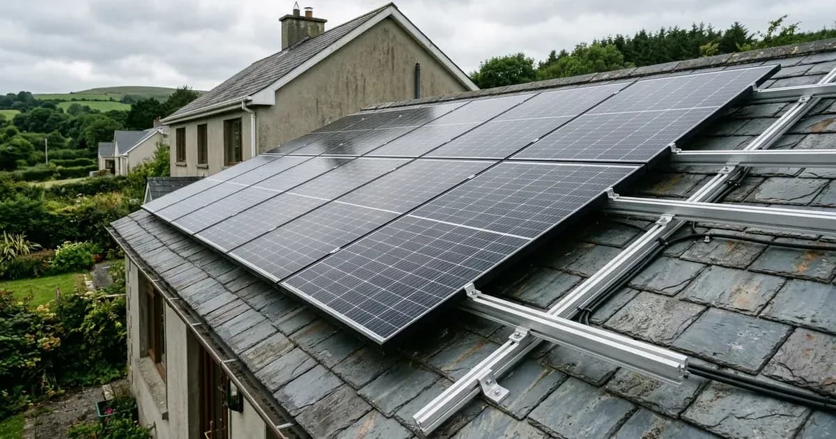 Solar panels securely mounted on aluminum rails and brackets on a residential slate roof in Ireland. — SolarNevs spec card