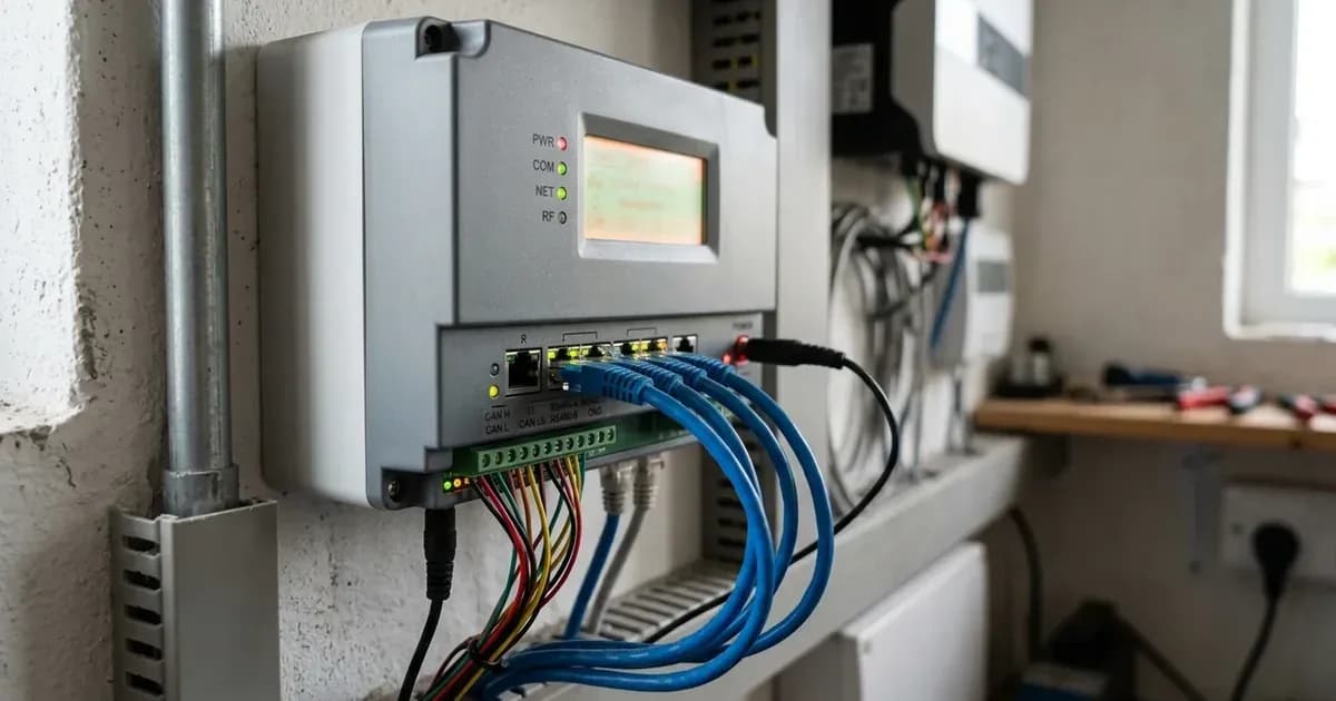 Solar communication gateway controller mounted on a utility wall with connected ethernet network and terminal wiring. — SolarNevs spec card