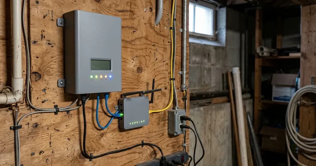 Solar gateway controller and network router mounted on a utility wall with ethernet cabling. — SolarNevs spec card