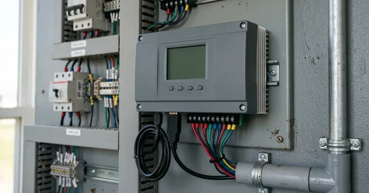 Solar system monitoring controller mounted in an electrical cabinet with connected USB and terminal cabling. — SolarNevs spec card