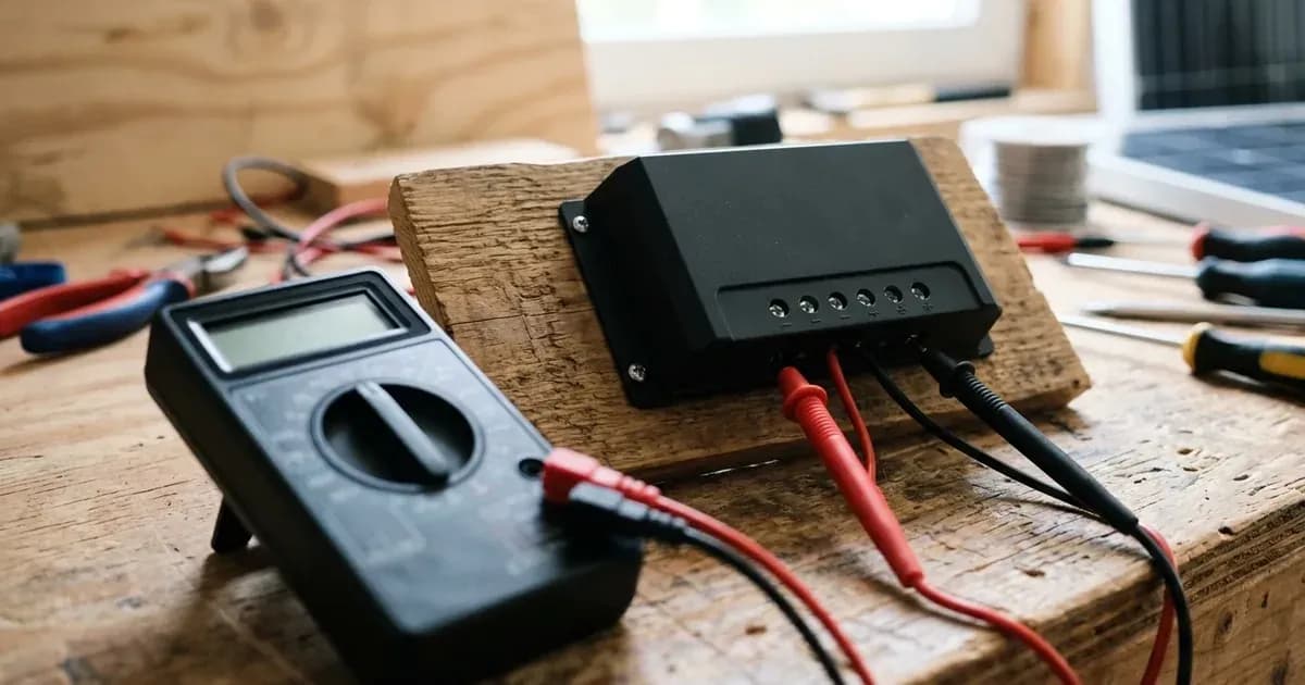 Multimeter test probes connected to charge controller terminal screws on a workshop bench. — SolarNevs spec card