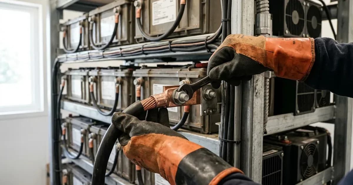 Technician in electrical safety gloves inspecting a battery terminal cable lug connection in a storage rack. — SolarNevs spec card