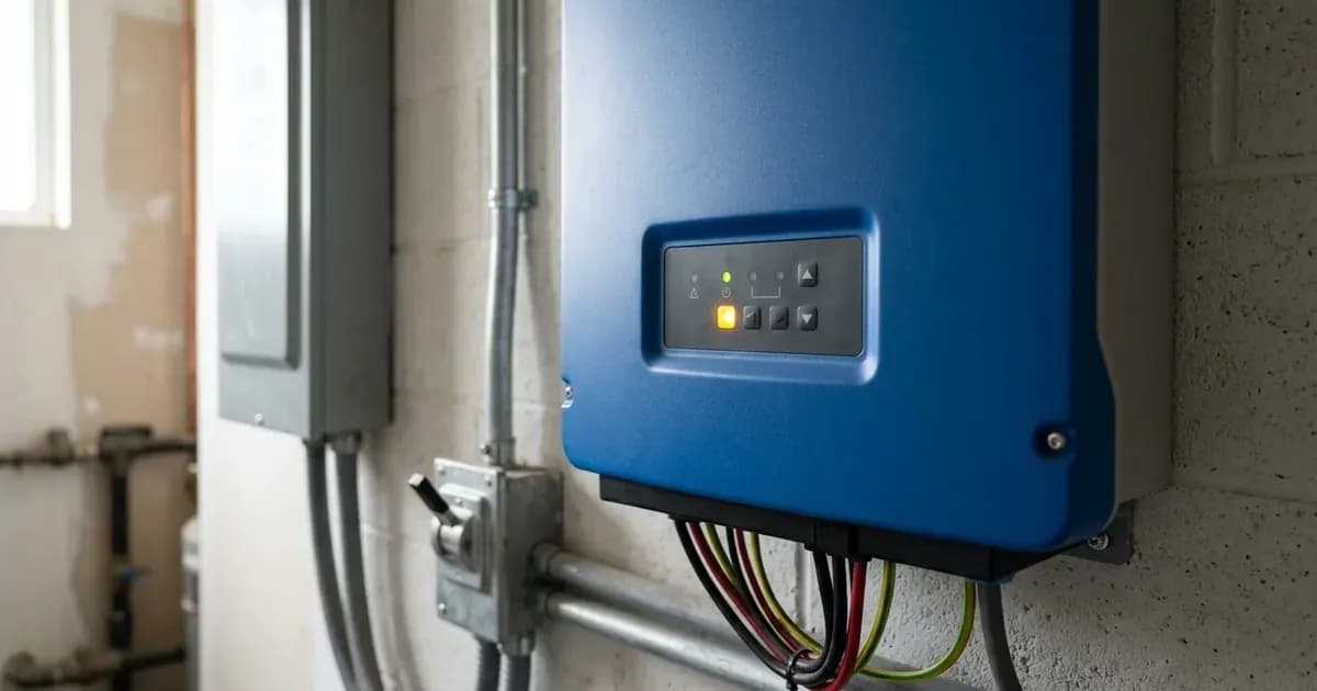 Blue solar inverter mounted on a utility wall showing illuminated LED status indicators and conduit wiring. — SolarNevs spec card