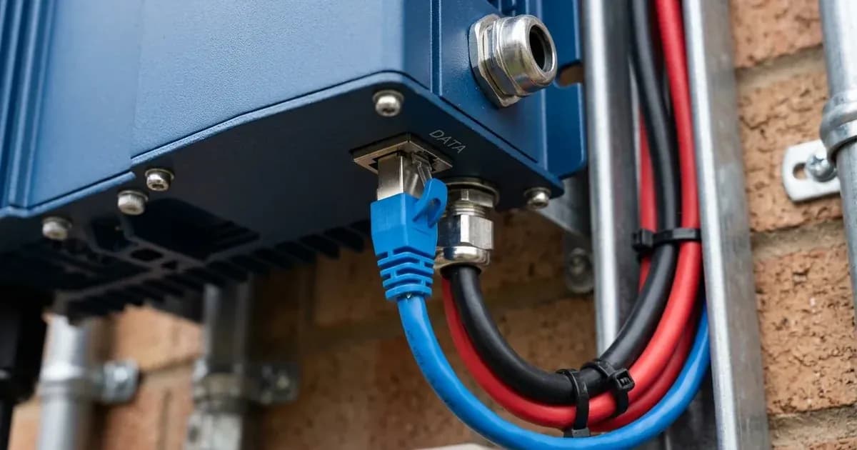 Blue RJ45 communication cable plugged into an inverter with heavy power cables routed alongside in a metal channel. — SolarNevs spec card
