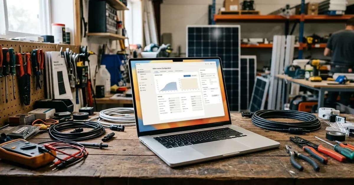 Laptop open on a workbench displaying inverter configuration software in a solar electrical workshop. — SolarNevs spec card