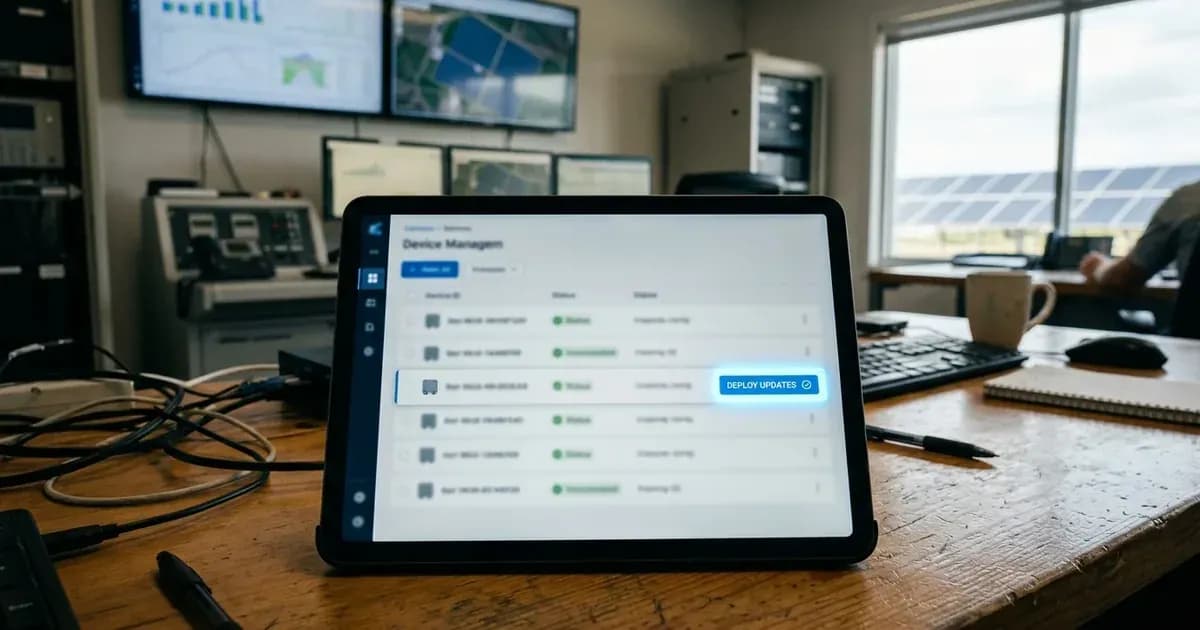 Tablet displaying a remote device firmware update interface in a solar system control room. — SolarNevs spec card