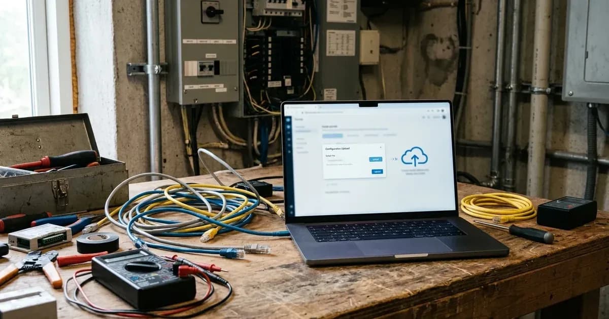 Laptop displaying a configuration upload portal screen on an electrical workbench with multimeter and wiring. — SolarNevs spec card
