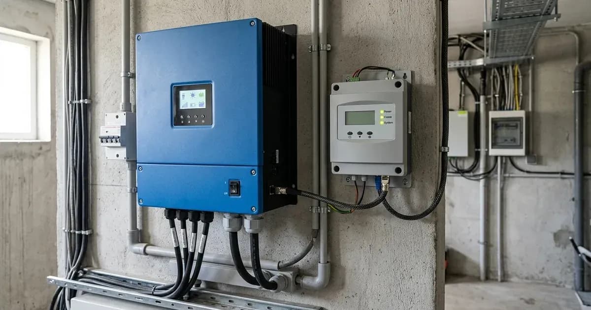 Wall-mounted solar inverter connected to an adjacent gateway controller with data cabling in a utility room. — SolarNevs spec card