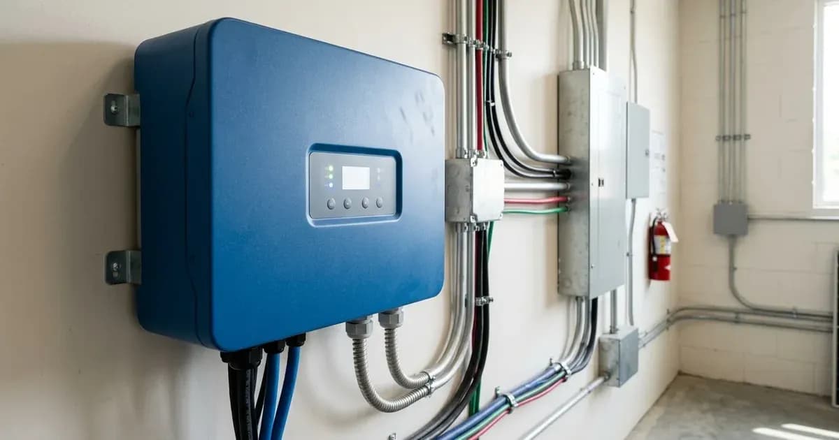Blue wall-mounted hybrid solar inverter and electrical conduit in a utility room. — SolarNevs spec card