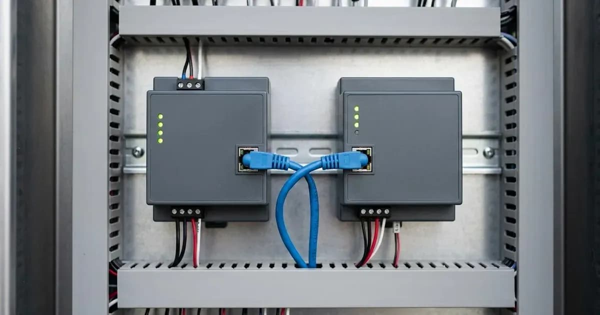 Communication modules connected by a patch cable inside an electrical enclosure. — SolarNevs spec card