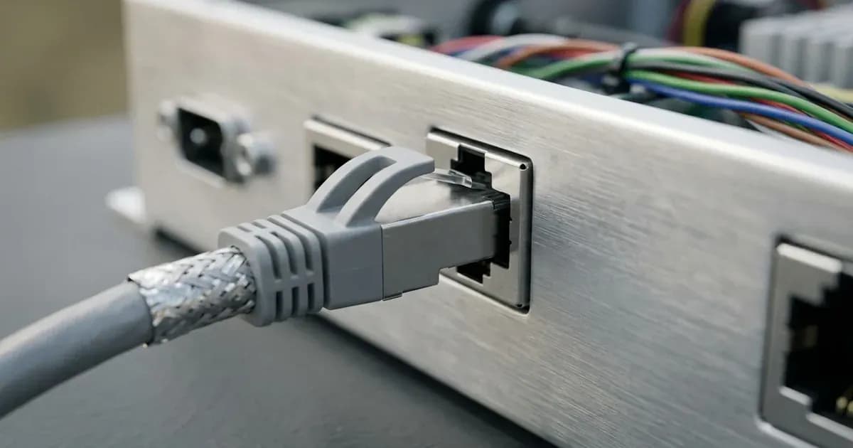 Close-up of a shielded RJ45 communication data cable plugged into a brushed metal controller port. — SolarNevs spec card
