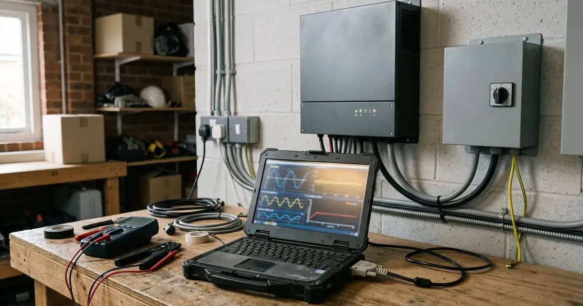 Diagnostic laptop and tools on a workbench connected to a wall-mounted solar inverter and transfer switch. — SolarNevs spec card