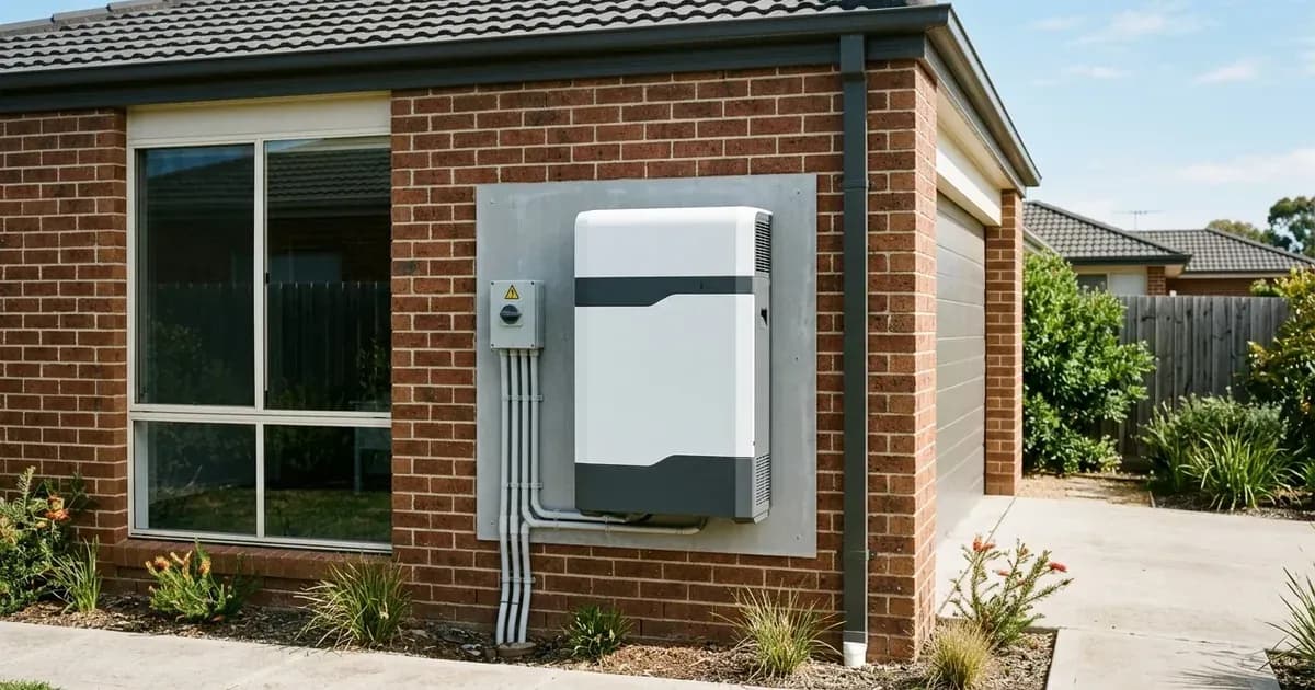 Residential battery storage unit installed with backing barrier and clearances on an Australian brick garage wall. — SolarNevs spec card