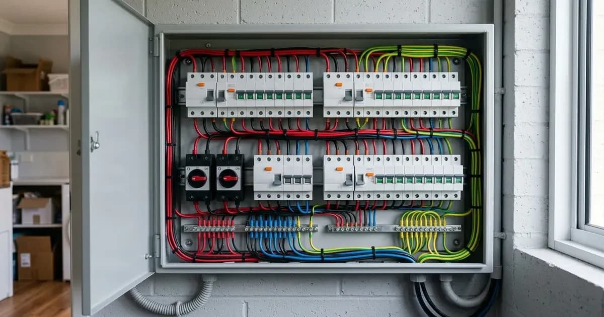 Electrical distribution switchboard with circuit breakers and battery storage isolators wired on DIN rails. — SolarNevs spec card