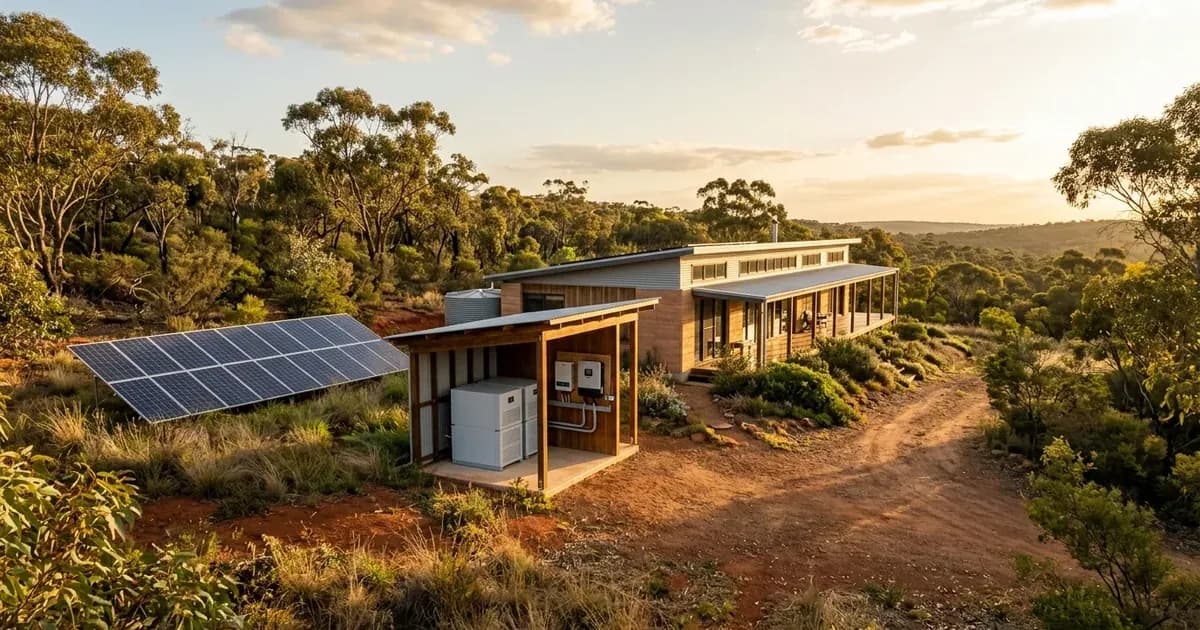 Remote off-grid Australian homestead with a ground-mount solar array and battery storage enclosure. — SolarNevs spec card