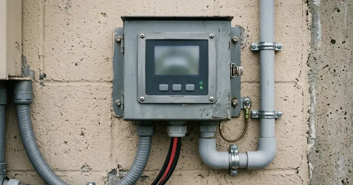 Close-up of a wall-mounted solar system monitor panel with soft out-of-focus display screen and clean wiring. — SolarNevs spec card
