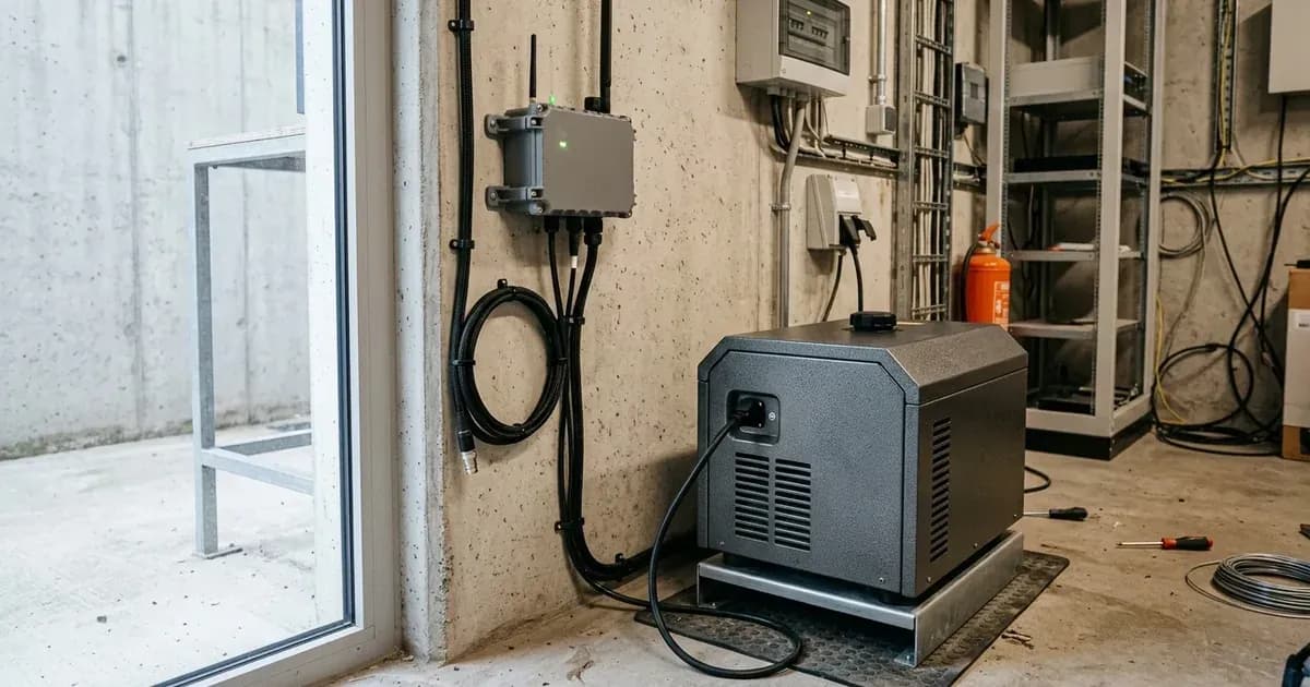 A wall-mounted solar control gateway wired to a compact backup generator in a technical room. — SolarNevs spec card