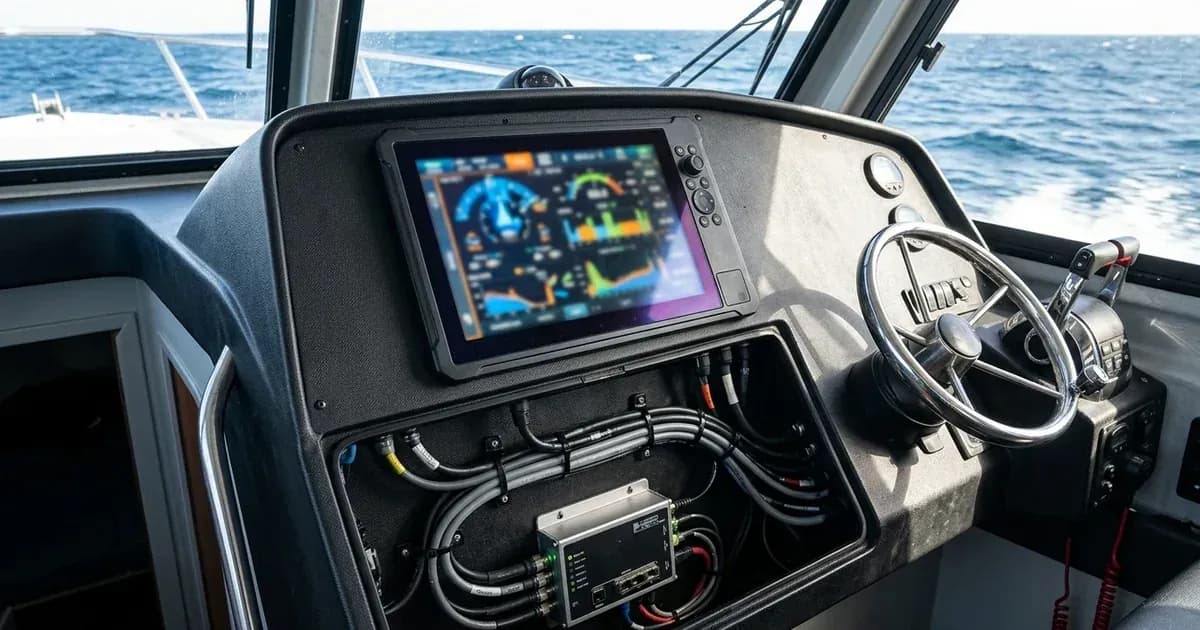 Marine vessel helm console with a multi-function display connected to power management equipment. — SolarNevs spec card