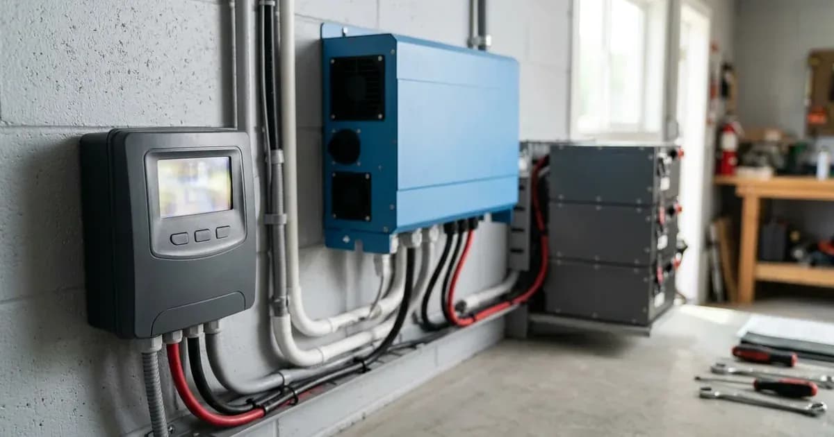 An energy storage system monitoring unit with a wall-mounted inverter charger in the background. — SolarNevs spec card
