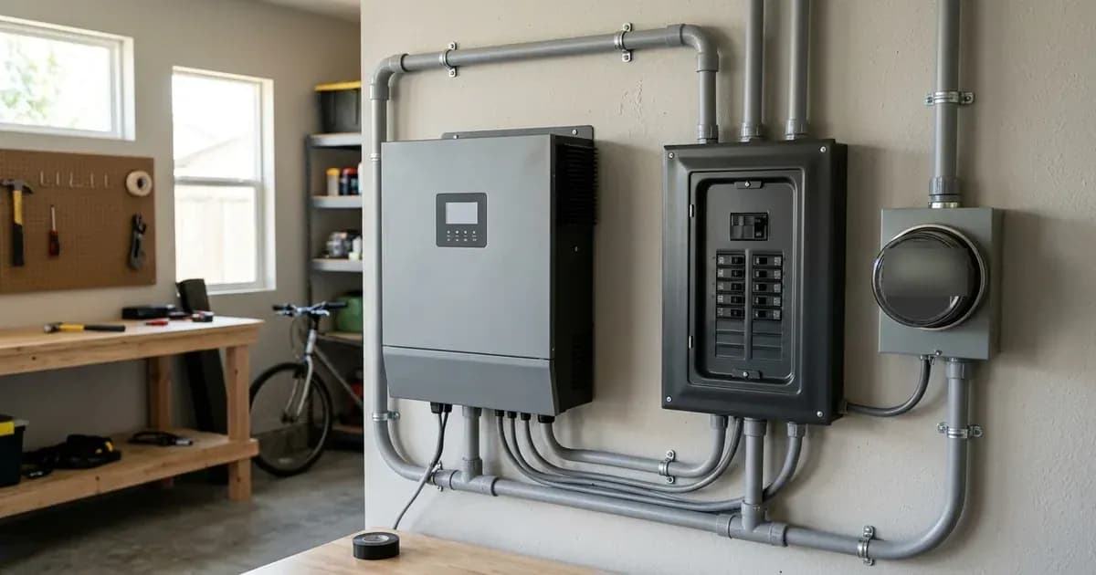 A wall-mounted solar inverter charger installed beside an electrical panel and grid meter in a utility space. — SolarNevs spec card