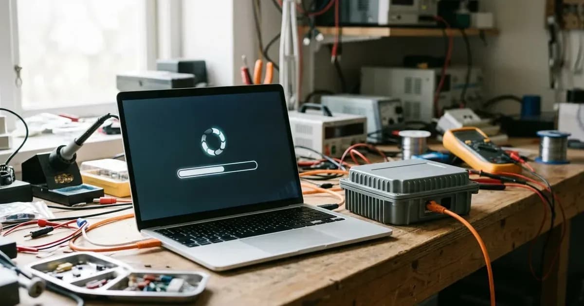 Laptop performing a firmware update on a connected solar device over Ethernet on a test bench. — SolarNevs spec card