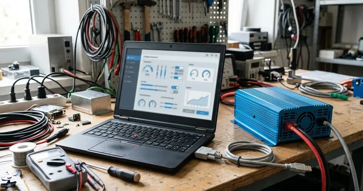Laptop showing software configuration parameters connected to an inverter unit on a technician workbench. — SolarNevs spec card
