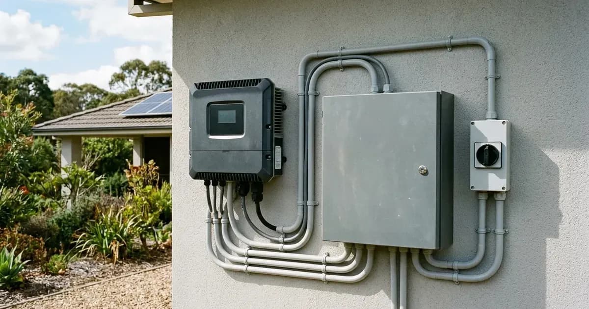 Solar grid-tie inverter and electrical distribution box mounted on an exterior residential wall. — SolarNevs spec card