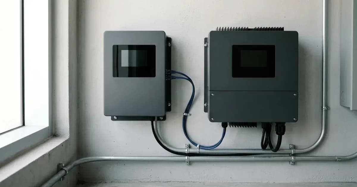 Solar system monitoring gateway and grid-tie inverter wired together on a utility wall. — SolarNevs spec card