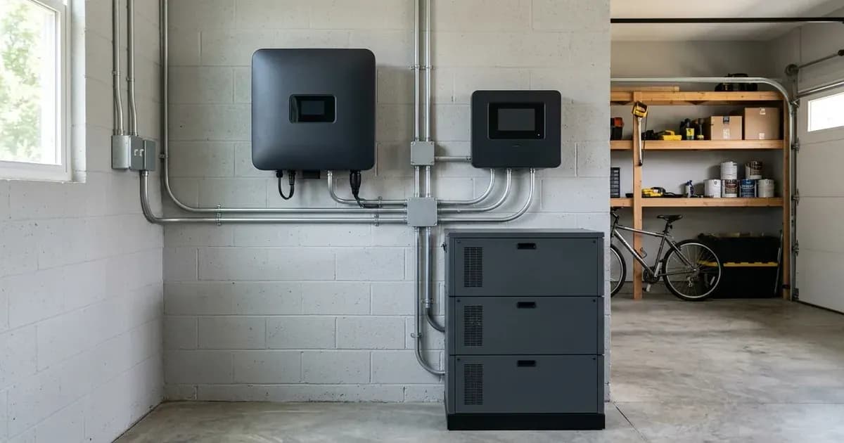 Residential solar inverter, modular battery bank, and system controller wired in a utility space. — SolarNevs spec card