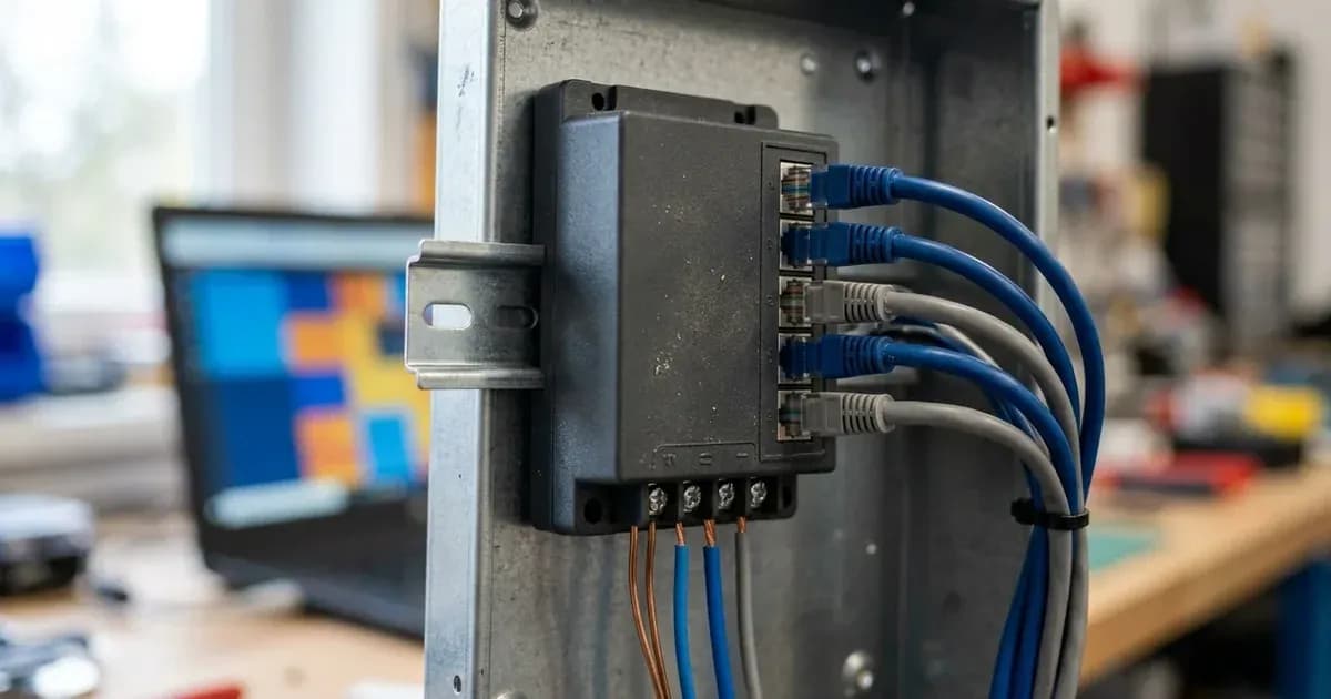 Solar communication gateway hub with network cables mounted on a DIN rail in a test enclosure. — SolarNevs spec card