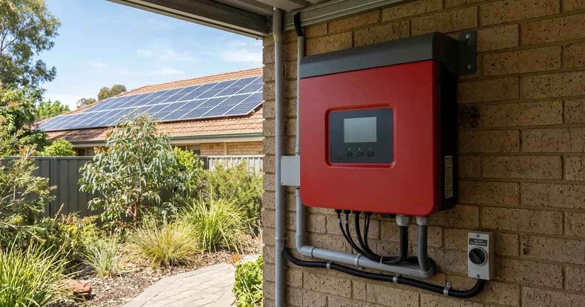 Solar string inverter mounted on an exterior wall with rooftop solar panels in the background. — SolarNevs spec card