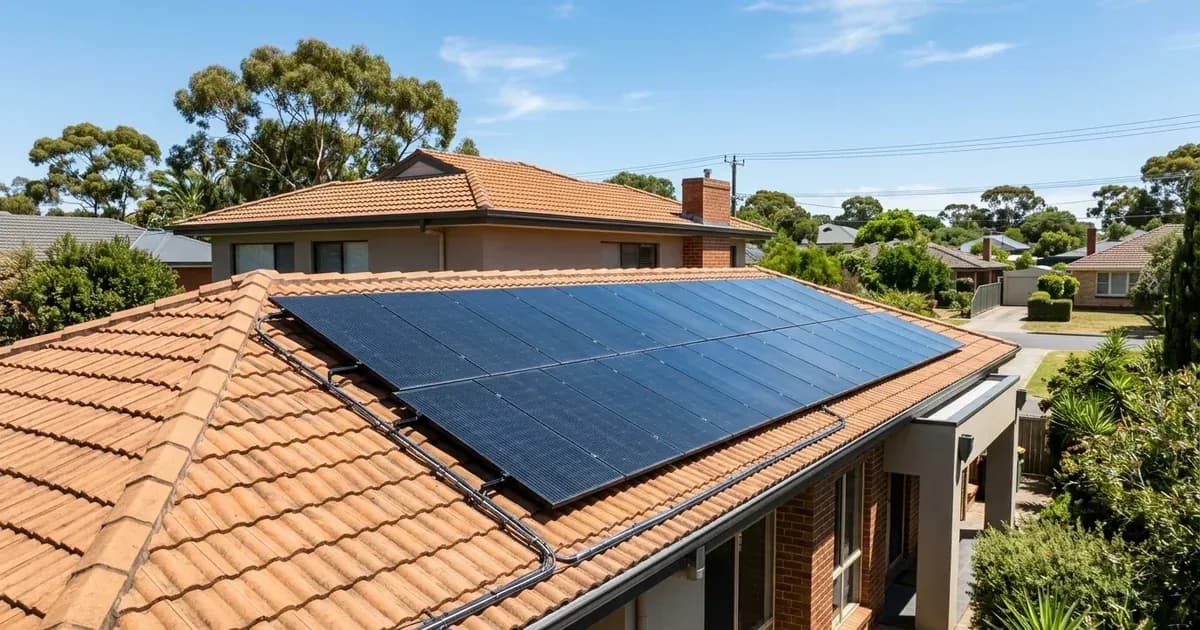 Rooftop solar panel array installed on a tiled suburban house in South Australia under a clear sky. — SolarNevs spec card