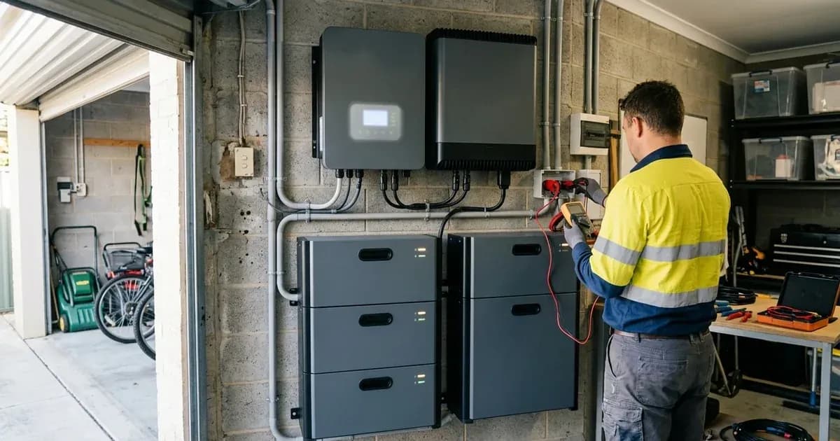 Wall-mounted hybrid solar inverter and battery storage system installed on a residential garage wall in Australia. — SolarNevs spec card
