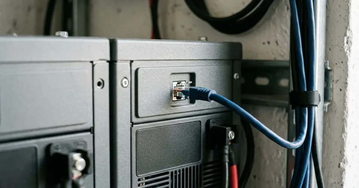 Data communication bus cable plugged into a modular lithium battery management port. — SolarNevs spec card