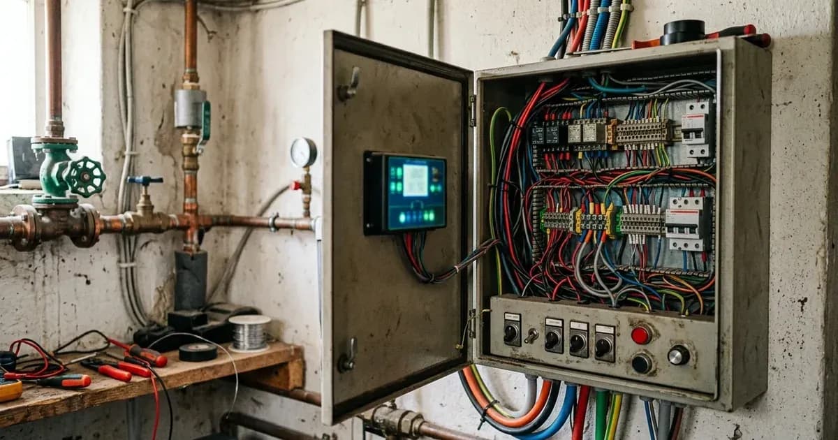 Automation control panel and relay switches for solar-powered water pump system in a utility room. — SolarNevs spec card