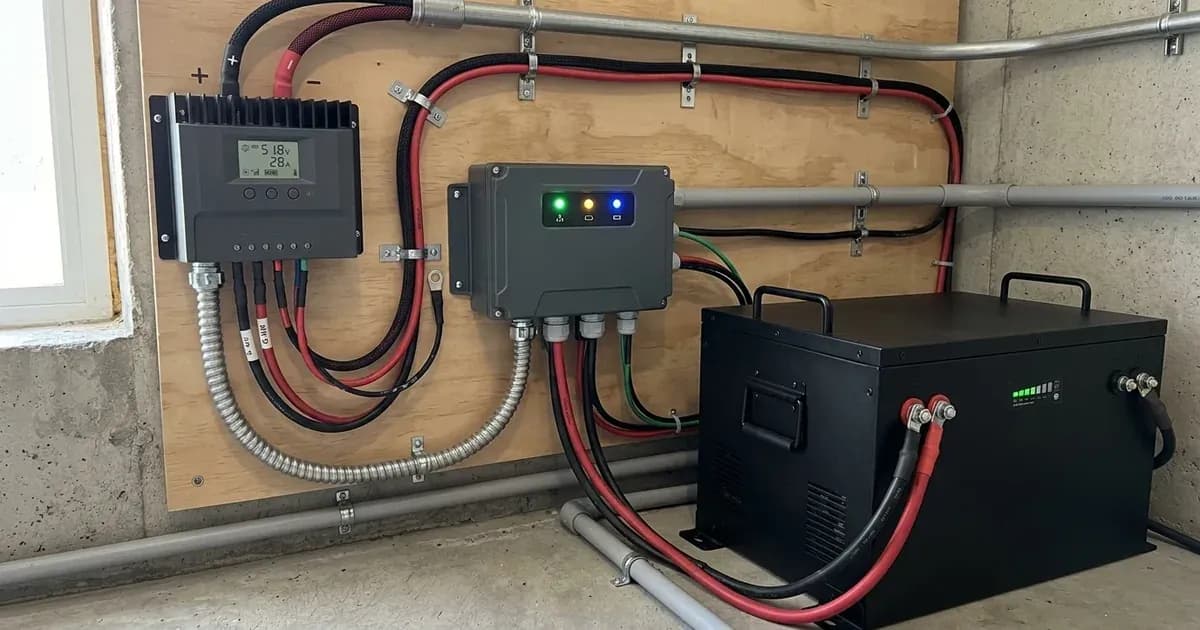 Energy storage gateway interface module wired between a solar controller and lithium battery bank. — SolarNevs spec card