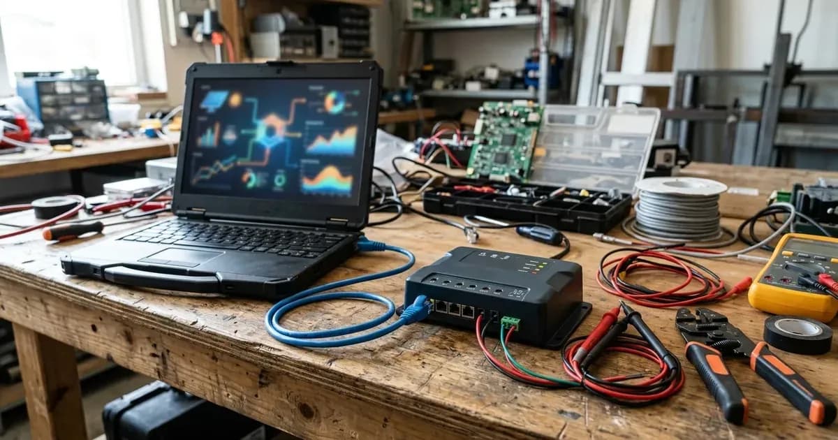 Solar system gateway controller connected to a diagnostic laptop and test probes on a workshop workbench. — SolarNevs spec card