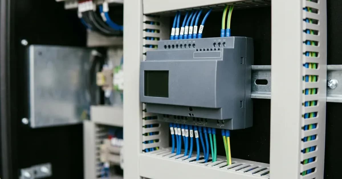 Modular energy system communication controller mounted on a DIN rail with blue wiring in an electrical cabinet. — SolarNevs spec card