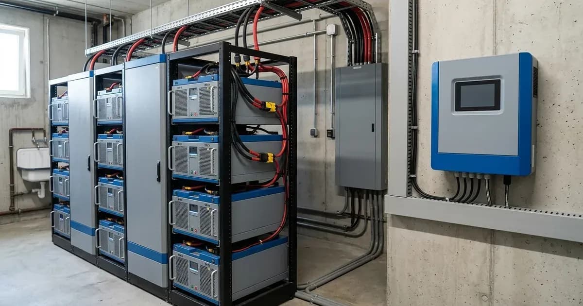 Modular lithium battery storage rack and wall controller connected with DC power and communication wiring. — SolarNevs spec card