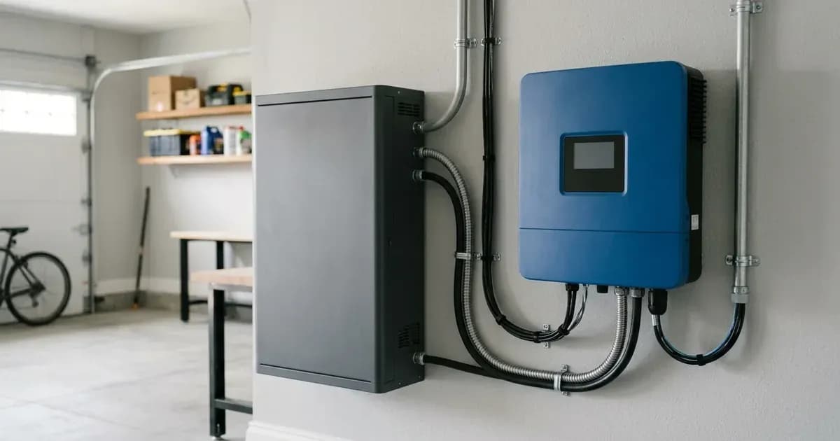 Residential lithium battery unit mounted beside a solar inverter with conduit and communication wiring in a garage. — SolarNevs spec card
