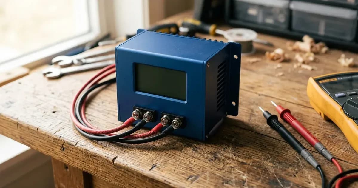 Blue solar MPPT charge controller connected to DC wiring terminals on a wooden workbench with test probes. — SolarNevs spec card